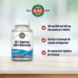 Eine Verpackung von KAL 100% Vegetarian MSM & Glucosamine Tabletten steht auf einem Tisch. Auf der Verpackung steht "Healthy Joint Support". Neben der Verpackung sind drei Textblöcke mit Informationen: "500 mg MSM und 500 mg Glucosamin pro Tablette", "ActivTab Technologie für schnelle Verfügbarkeit", "60 vegetarische Tabletten pro Packung". Das KAL-Logo ist oben auf der Verpackung sichtbar.