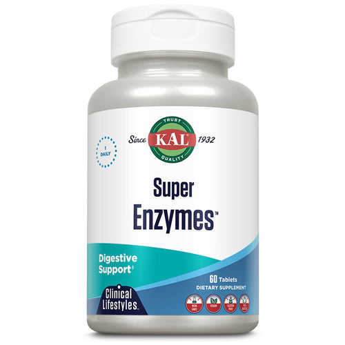 Flasche mit Nahrungsergänzungsmitteln 'Super Enzymes' von KAL, enthält 60 Tabletten für Verdauungsunterstützung.