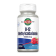 Eine weiße Plastikflasche mit einem Etikett, das "KAL B-12 Methylcobalamin 1000 mcg" in blauer Schrift zeigt. Auf dem Etikett sind rote Himbeeren abgebildet. Die Flasche enthält 90 Tabletten und ist ein Nahrungsergänzungsmittel.