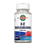 Eine weiße Plastikflasche mit einem Etikett, das "KAL B-12 Methylcobalamin 1000 mcg" in blauer Schrift zeigt. Auf dem Etikett sind rote Himbeeren abgebildet. Die Flasche enthält 90 Tabletten und ist ein Nahrungsergänzungsmittel.