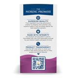 Flyer mit Informationen über "The Nordic Promise" zu Qualität, Integrität und Transparenz. Enthält einen QR-Code.