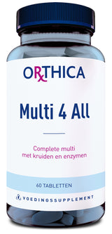 Eine blaue Plastikflasche mit einem Etikett, das den Text "Orthica Multi 4 All" zeigt. Darunter steht "Complete multi met kruiden en enzymen". Die Flasche enthält 60 Tabletten und ist als Nahrungsergänzungsmittel gekennzeichnet.