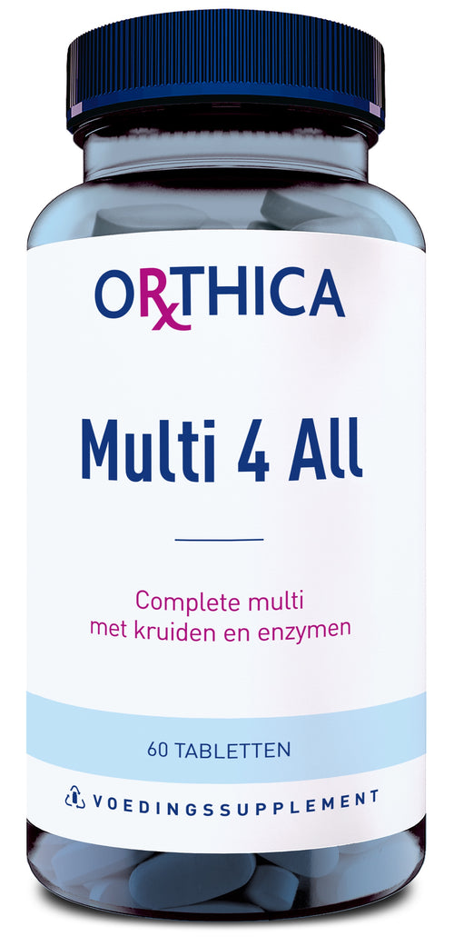 Eine blaue Plastikflasche mit einem Etikett, das den Text "Orthica Multi 4 All" zeigt. Darunter steht "Complete multi met kruiden en enzymen". Die Flasche enthält 60 Tabletten und ist als Nahrungsergänzungsmittel gekennzeichnet.