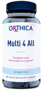 Eine blaue Plastikflasche mit einem Etikett, das den Text "Orthica Multi 4 All" zeigt. Darunter steht "Complete multi met kruiden en enzymen". Die Flasche enthält 60 Tabletten und ist als Nahrungsergänzungsmittel gekennzeichnet.