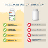 Das Bild zeigt einen Vergleich zwischen zwei Flaschen. Links ist eine Flasche Solaray Flaxseed Oil 1000 mg, die als natürliche, pflanzliche Quelle mit Omega 3, 6 & 9, laborgeprüft und seit 1973 in Qualität beschrieben wird. Rechts ist eine generische Flasche, die als aus tierischen Quellen, mit isolierten Fettsäuren, ungeprüfter Qualität und ohne langjährige Erfahrung beschrieben wird. Oben steht der Text 'WAS MACHT DEN UNTERSCHIED?'.