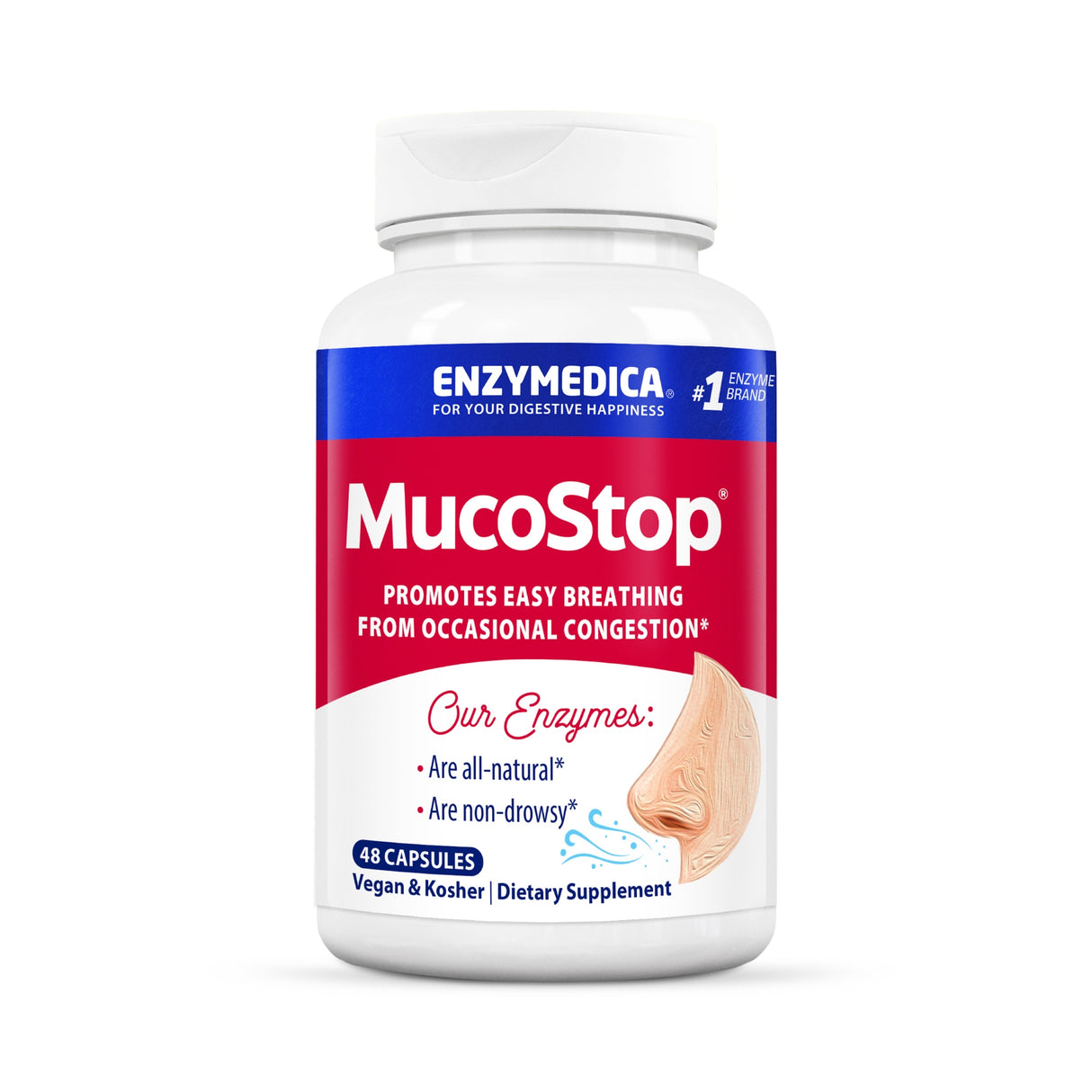 Eine Flasche Enzymedica MucoStop mit 48 Kapseln, beworben als veganes und koscheres Nahrungsergänzungsmittel zur Unterstützung der Atmung.