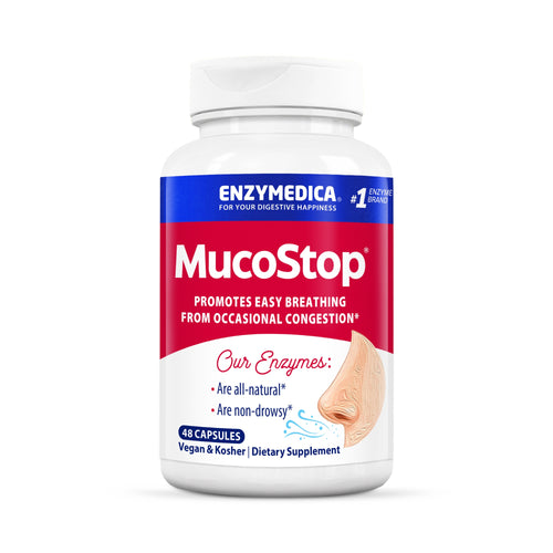 Eine Flasche Enzymedica MucoStop mit 48 Kapseln, beworben als veganes und koscheres Nahrungsergänzungsmittel zur Unterstützung der Atmung.