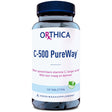 Das Bild zeigt eine Flasche des Nahrungsergänzungsmittels C-500 PureWay von Orthica. Die Flasche ist blau mit einem weißen Etikett, auf dem der Produktname und Informationen zur besseren Aufnahme von Vitamin C stehen. Die Flasche enthält 120 Tabletten und ist vegan.