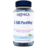 Das Bild zeigt eine Flasche des Nahrungsergänzungsmittels C-500 PureWay von Orthica. Die Flasche ist blau mit einem weißen Etikett, auf dem der Produktname und Informationen zur besseren Aufnahme von Vitamin C stehen. Die Flasche enthält 120 Tabletten und ist vegan.