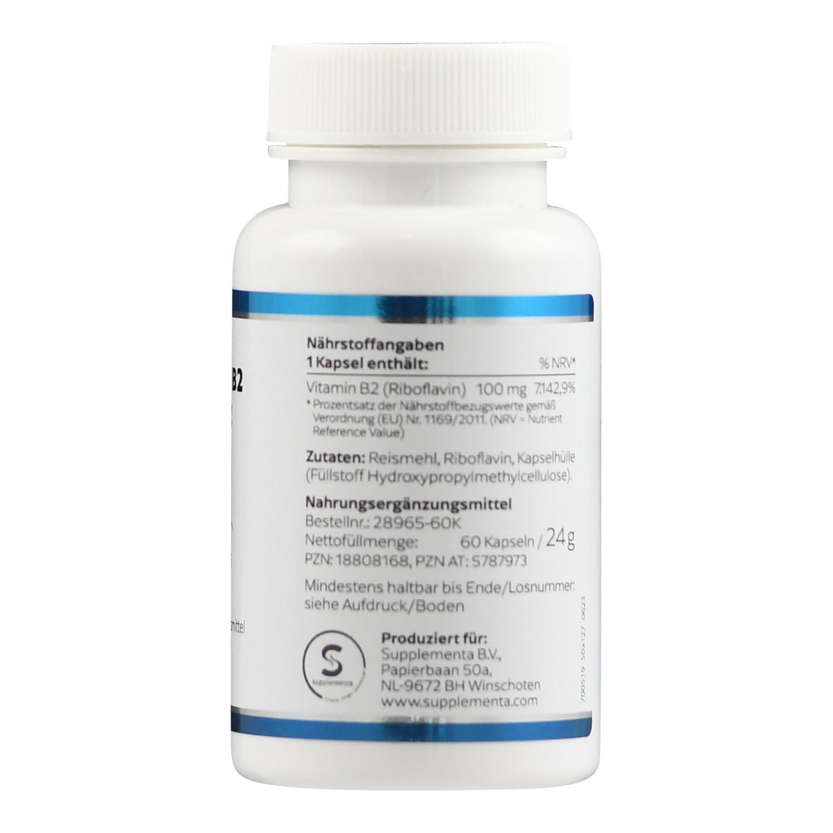 Das Bild zeigt eine weiße Kunststoffflasche mit einem Etikett. Auf dem Etikett stehen Nährstoffangaben für Vitamin B2 (Riboflavin) und Zutaten wie Reismehl. Die Flasche enthält 60 Kapseln mit einer Nettofüllmenge von 24g. Herstellerinformationen sind ebenfalls auf dem Etikett zu sehen.