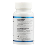 Das Bild zeigt eine weiße Kunststoffflasche mit einem Etikett. Auf dem Etikett stehen Nährstoffangaben für Vitamin B2 (Riboflavin) und Zutaten wie Reismehl. Die Flasche enthält 60 Kapseln mit einer Nettofüllmenge von 24g. Herstellerinformationen sind ebenfalls auf dem Etikett zu sehen.