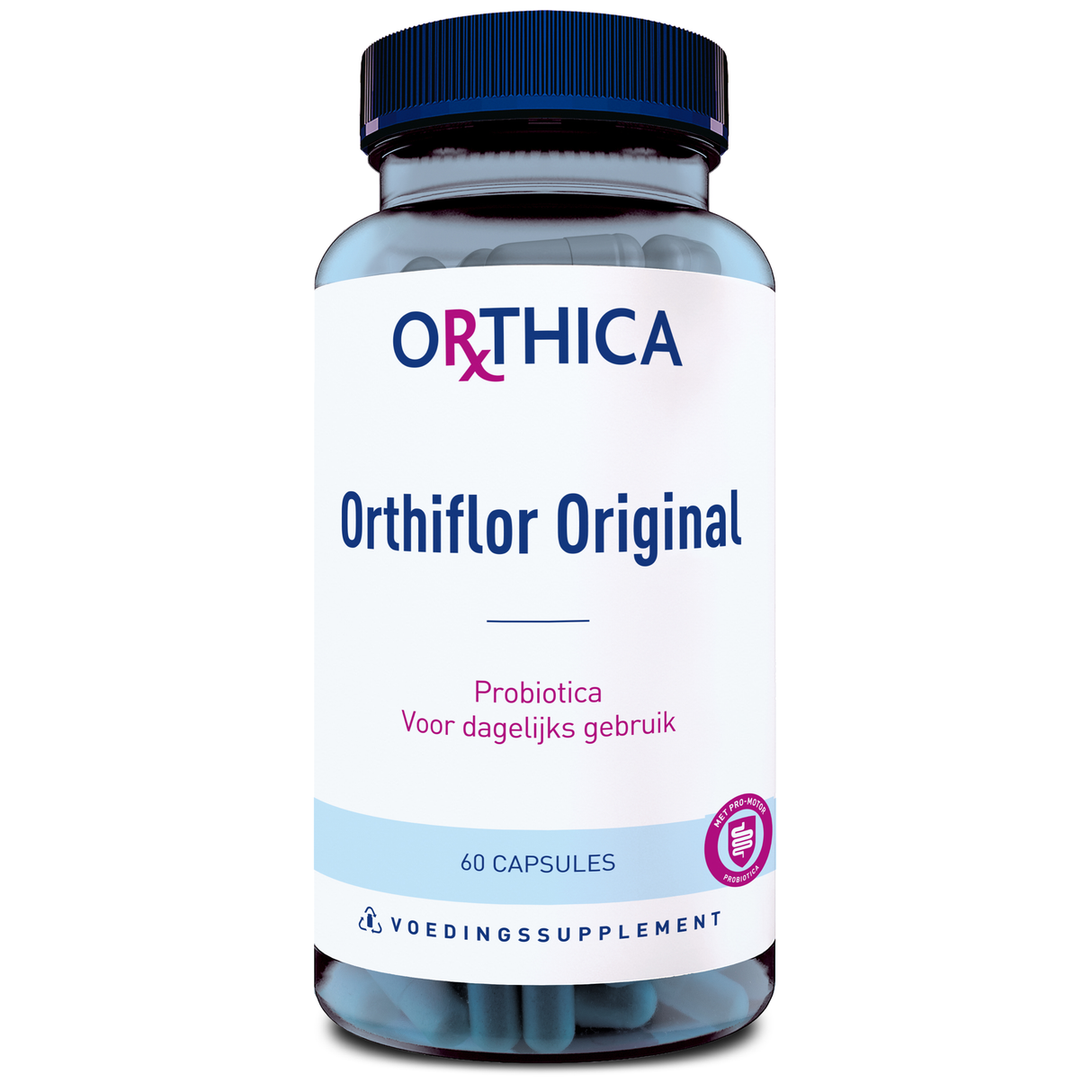 Eine Flasche mit dem Etikett 'Orthica Orthiflor Original'. Die Flasche ist blau und enthält 60 Kapseln. Auf dem Etikett steht 'Probiotica Voor dagelijks gebruik'.