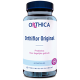 Eine Flasche mit dem Etikett 'Orthica Orthiflor Original'. Die Flasche ist blau und enthält 60 Kapseln. Auf dem Etikett steht 'Probiotica Voor dagelijks gebruik'.