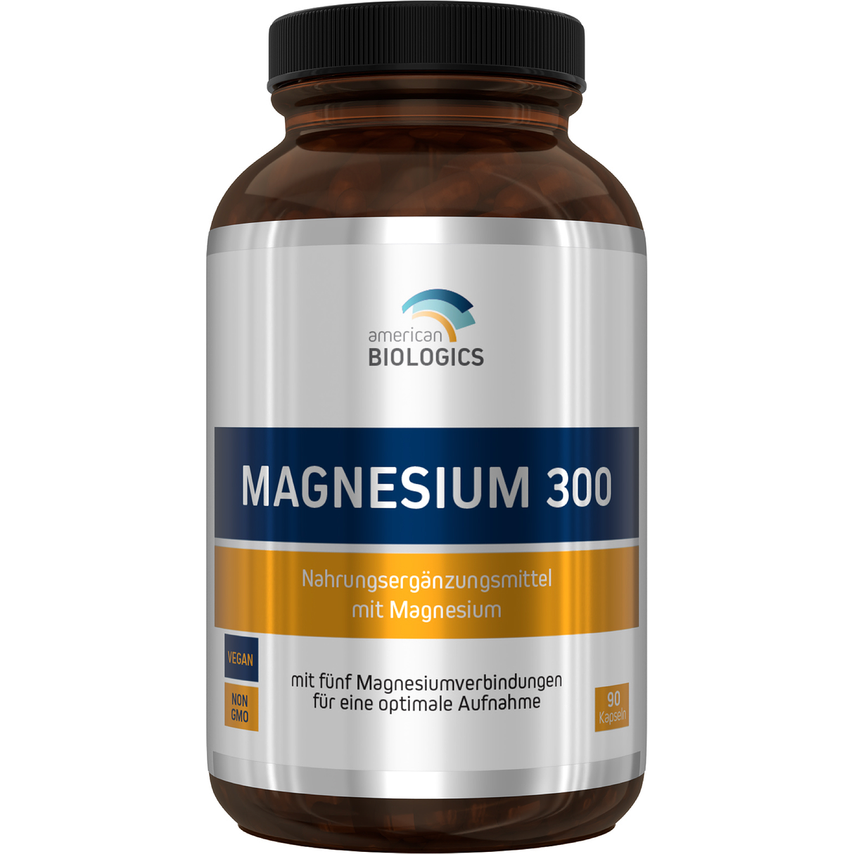 Eine weiße Plastikflasche mit einem Etikett, das Informationen über Nahrungsergänzungsmittel enthält. Auf dem Etikett steht: Magnesium trägt zu einem normalen Energiestoffwechsel bei. Nährstoffangaben für eine Kapsel sind aufgelistet, darunter Magnesium in verschiedenen Formen (Oxid, Carbonat, Citrat, Bisglycinat, Malat) mit jeweiligen Mengen und Prozentwerten der Nährstoffbezugswerte. Zutaten wie Magnesiumoxid und Magnesiumstearat sind ebenfalls aufgeführt. Auf dem Etikett befinden sich auch Bestellnummer,