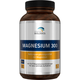 Eine weiße Plastikflasche mit einem Etikett, das Informationen über Nahrungsergänzungsmittel enthält. Auf dem Etikett steht: Magnesium trägt zu einem normalen Energiestoffwechsel bei. Nährstoffangaben für eine Kapsel sind aufgelistet, darunter Magnesium in verschiedenen Formen (Oxid, Carbonat, Citrat, Bisglycinat, Malat) mit jeweiligen Mengen und Prozentwerten der Nährstoffbezugswerte. Zutaten wie Magnesiumoxid und Magnesiumstearat sind ebenfalls aufgeführt. Auf dem Etikett befinden sich auch Bestellnummer,