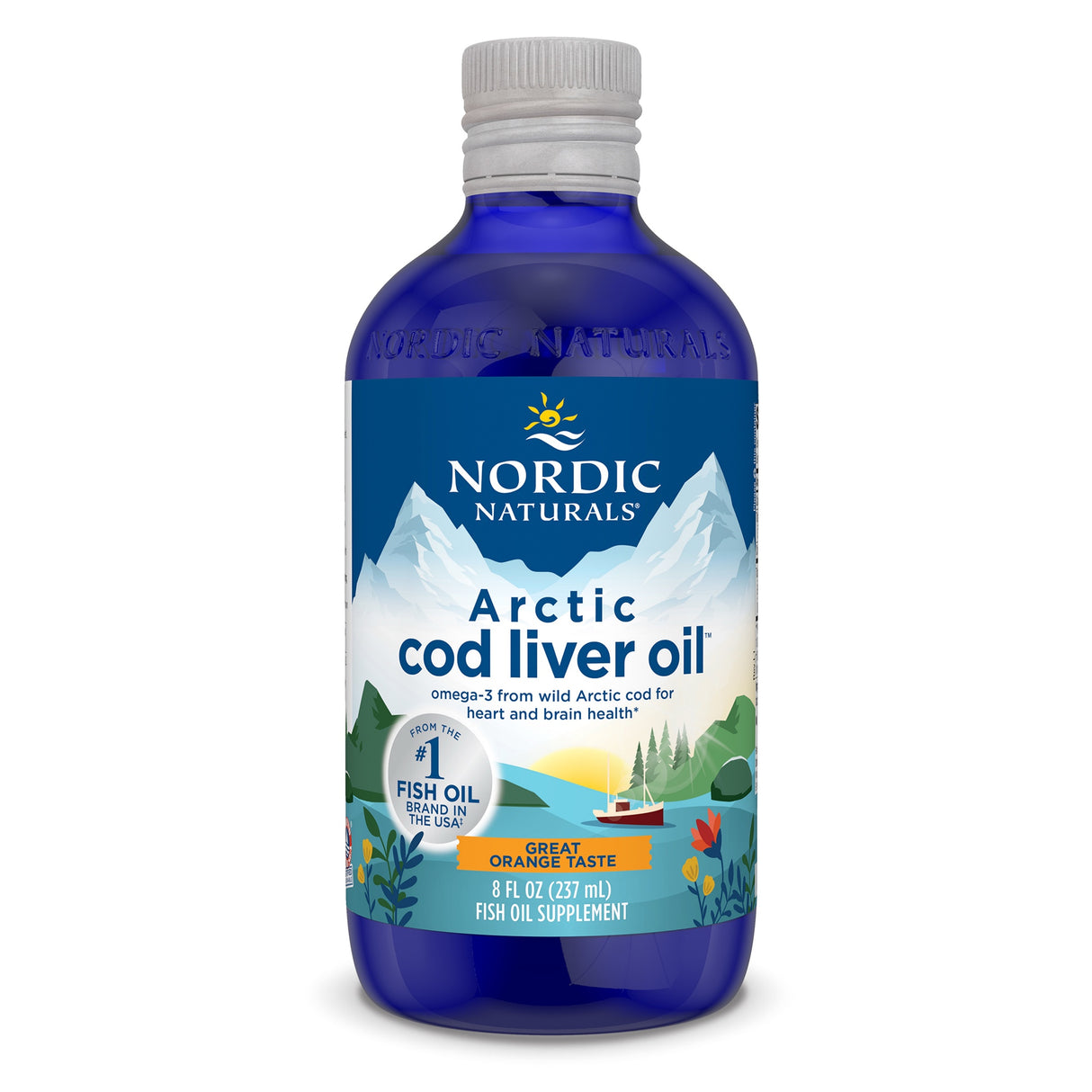 Eine blaue Flasche mit der Aufschrift 'Nordic Naturals Arctic Cod Liver Oil', zeigt Berge und einen See auf dem Etikett. Die Flasche enthält Lebertran mit Orangengeschmack und Omega-3 für Herz- und Gehirngesundheit. 237 ml Inhalt.