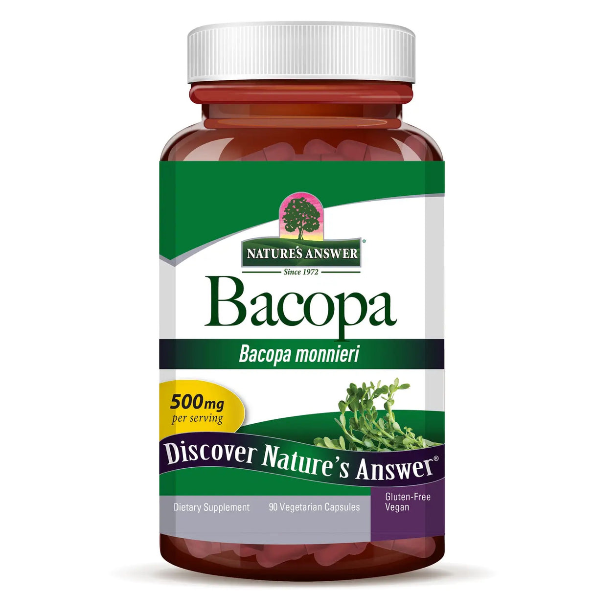 Eine Flasche mit Nahrungsergänzungsmitteln der Marke 'Nature's Answer'. Auf dem Etikett steht 'Bacopa monnieri', 500 mg pro Portion, 90 vegetarische Kapseln, glutenfrei und vegan. Das Etikett zeigt auch ein Bild der Pflanze Bacopa monnieri.