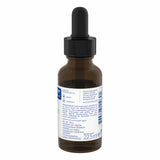 Eine braune Glasflasche mit Pipette, auf der ein Etikett mit Informationen zum Produkt "Pure Encapsulations" angebracht ist. Die Flasche enthält 22,5 ml eines Nahrungsergänzungsmittels und ist als vegetarisch gekennzeichnet. Das Etikett gibt Hinweise zur Lagerung und Anwendung. Die Flasche steht aufrecht vor einem weißen Hintergrund.