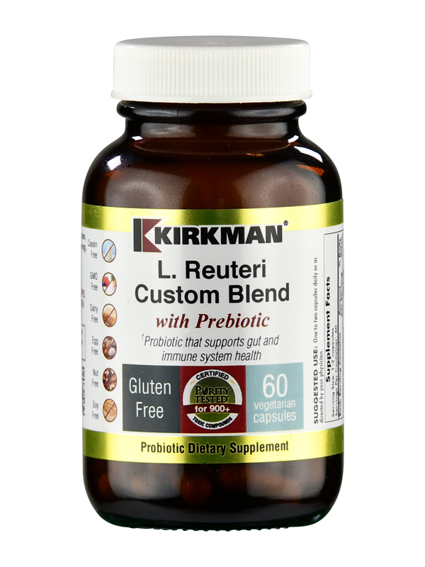 Ein braunes Glasfläschchen mit weißem Deckel, auf dem "Kirkman L. Reuteri Custom Blend with Prebiotic" steht. Es enthält 60 vegetarische Kapseln und ist glutenfrei. Es ist ein probiotisches Nahrungsergänzungsmittel.
