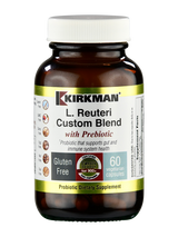 Ein braunes Glasfläschchen mit weißem Deckel, auf dem "Kirkman L. Reuteri Custom Blend with Prebiotic" steht. Es enthält 60 vegetarische Kapseln und ist glutenfrei. Es ist ein probiotisches Nahrungsergänzungsmittel.