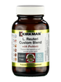 Ein braunes Glasfläschchen mit weißem Deckel, auf dem "Kirkman L. Reuteri Custom Blend with Prebiotic" steht. Es enthält 60 vegetarische Kapseln und ist glutenfrei. Es ist ein probiotisches Nahrungsergänzungsmittel.