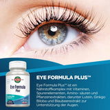 Nahaufnahme eines Auges mit einer Verpackung von Eye Formula Plus. Text beschreibt das Produkt als Nährstoffkomplex zur Unterstützung der Augen.