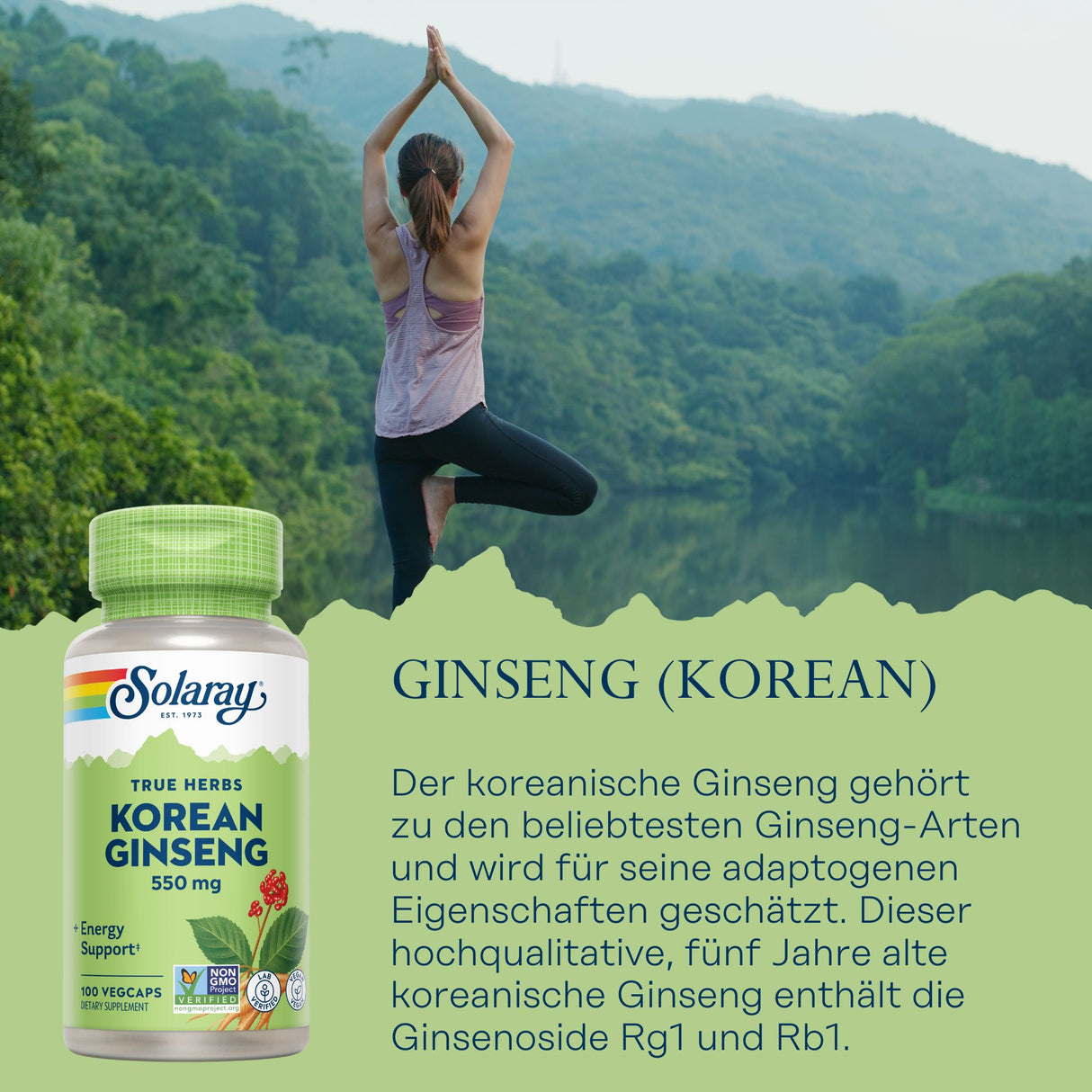 Eine Frau macht Yoga vor einer Waldkulisse. Neben ihr steht eine Flasche Solaray Korean Ginseng. Text beschreibt die Vorteile von Ginseng.