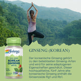 Eine Frau macht Yoga vor einer Waldkulisse. Neben ihr steht eine Flasche Solaray Korean Ginseng. Text beschreibt die Vorteile von Ginseng.