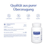 Ein weißes Fläschchen mit der Aufschrift 'pure encapsulations L-Lysin Aminosäure' steht rechts im Bild. Links ist eine Tabelle mit Inhaltsstoffen und Nährwerten abgebildet. Darüber stehen die Begriffe 'Laktosefrei', 'Glutenfrei', 'Vegan' und 'Sojafrei' mit entsprechenden Icons. Ganz oben steht der Satz 'Qualität aus purer Überzeugung'.