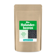Die Abbildung zeigt eine braune Verpackungstüte mit einem grünen Etikett, auf dem "Bio-Holunderbeeren" steht. Die Tüte enthält ganze getrocknete Beeren, 250g, von der Marke Supplementa.