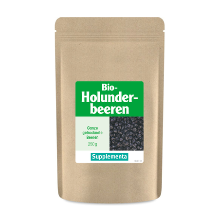 Die Abbildung zeigt eine braune Verpackungstüte mit einem grünen Etikett, auf dem "Bio-Holunderbeeren" steht. Die Tüte enthält ganze getrocknete Beeren, 250g, von der Marke Supplementa.