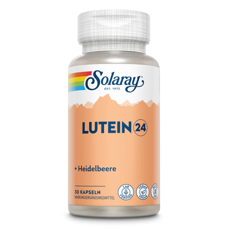 Flasche mit Solaray Lutein 24 Kapseln, Nahrungsergänzungsmittel mit Heidelbeere, 30 Stück, vegan, lab-verifiziert, glutenfrei.
