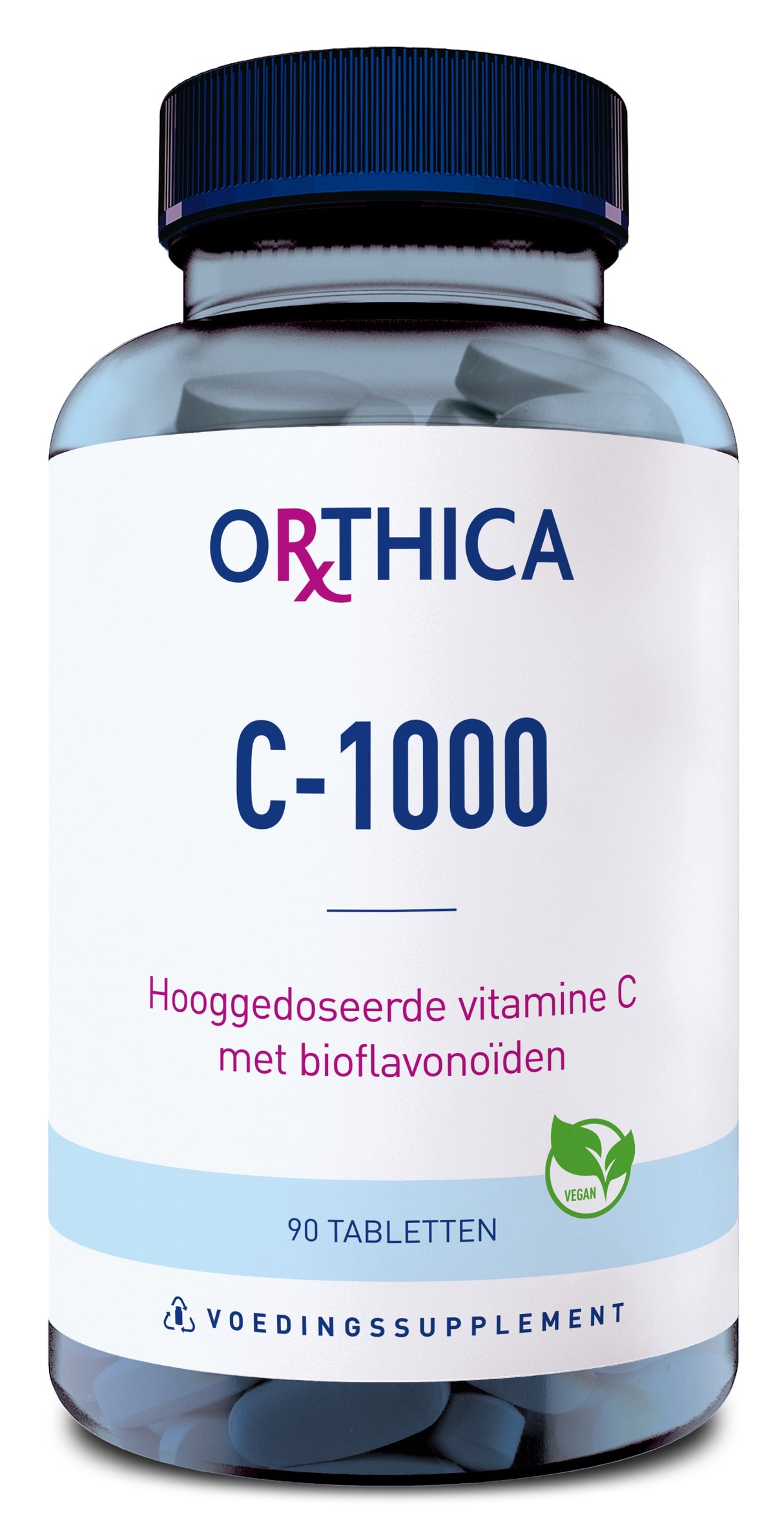 Eine Flasche mit dem Etikett 'Orthica C-1000', die 90 Tabletten enthält. Das Produkt ist ein hochdosiertes Vitamin C mit Bioflavonoiden und vegan zertifiziert. Die Flasche ist durchsichtig mit blauem Deckel.