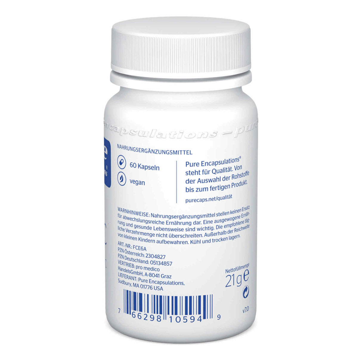 Eine weiße Plastikflasche mit Schraubverschluss, die Nahrungsergänzungsmittel von Pure Encapsulations enthält. Auf der Flasche stehen Informationen wie '60 Kapseln', 'vegan', und Qualitätsversprechen. Ein Barcode ist ebenfalls sichtbar.