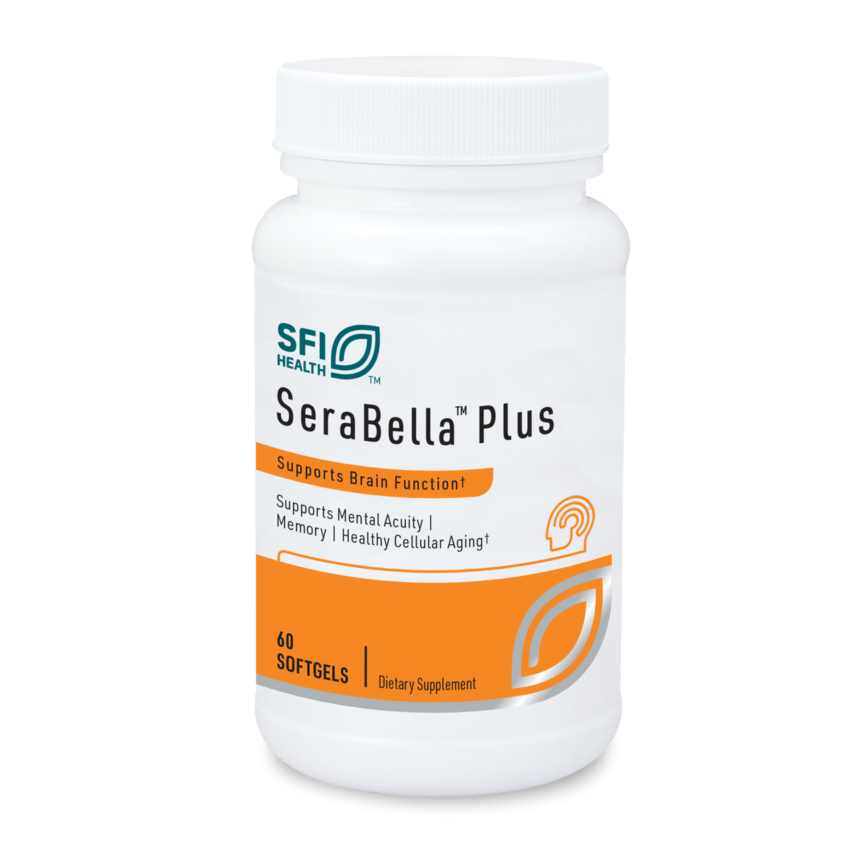 Ein weißer Behälter mit der Aufschrift "SFI Health SeraBella Plus". Der Behälter ist für Nahrungsergänzungsmittel und unterstützt die Gehirnfunktion. Enthält 60 Softgels. Auf dem Etikett steht "Supports Brain Function", "Supports Mental Acuity", "Memory", "Healthy Cellular Aging".