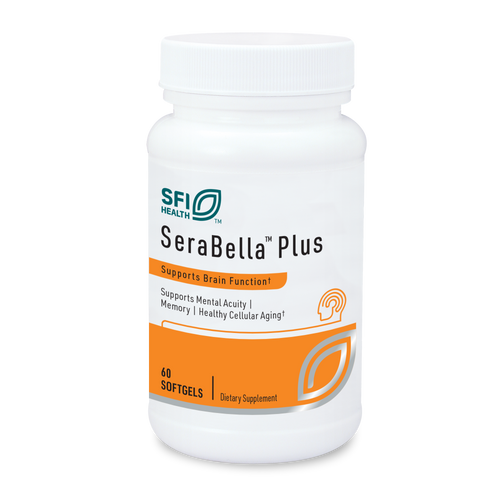 Ein weißer Behälter mit der Aufschrift "SFI Health SeraBella Plus". Der Behälter ist für Nahrungsergänzungsmittel und unterstützt die Gehirnfunktion. Enthält 60 Softgels. Auf dem Etikett steht "Supports Brain Function", "Supports Mental Acuity", "Memory", "Healthy Cellular Aging".
