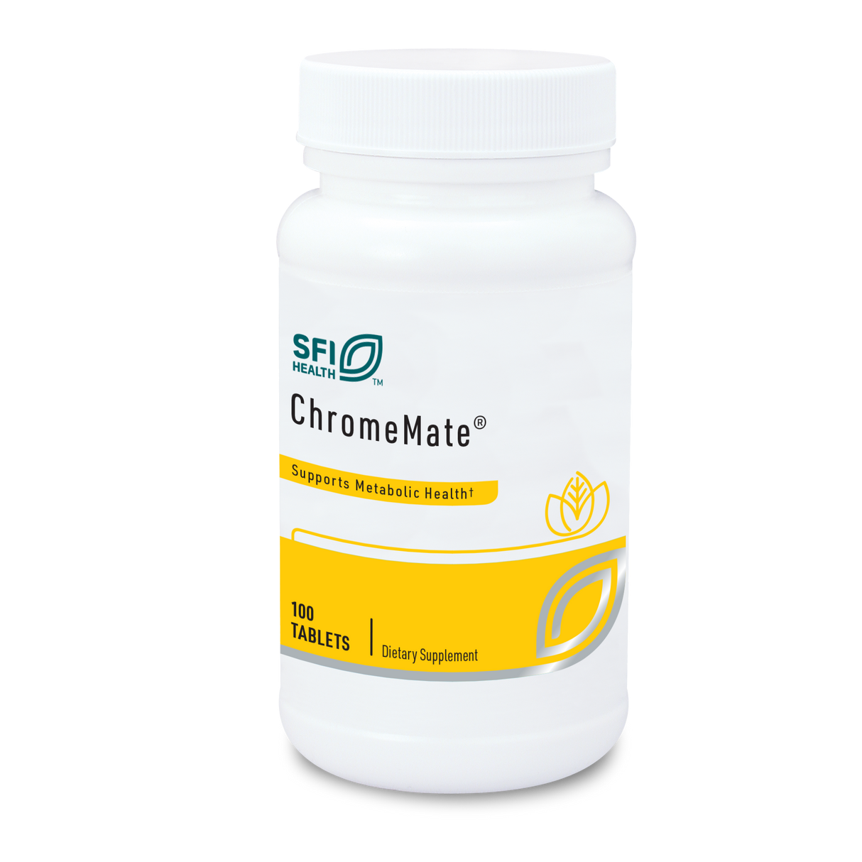 Eine weiße Plastikflasche mit einem gelben Etikett, auf dem "SFI Health ChromeMate" steht. Darunter der Text "Supports Metabolic Health" und "100 Tablets Dietary Supplement". Das Etikett zeigt ein stilisiertes Blatt und einen Kreis. Die Flasche hat einen weißen Schraubverschluss.