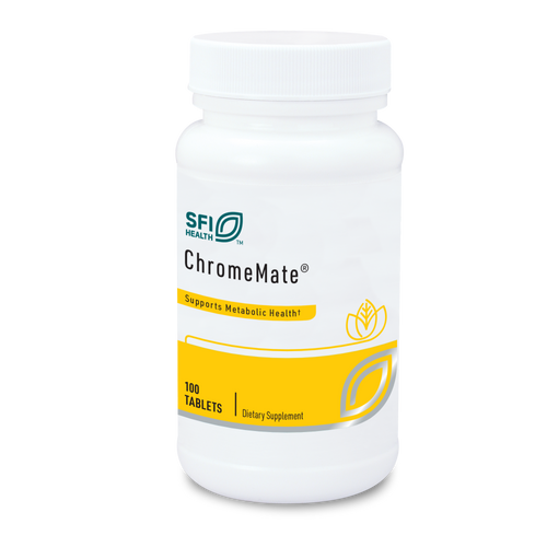 Eine weiße Plastikflasche mit einem gelben Etikett, auf dem "SFI Health ChromeMate" steht. Darunter der Text "Supports Metabolic Health" und "100 Tablets Dietary Supplement". Das Etikett zeigt ein stilisiertes Blatt und einen Kreis. Die Flasche hat einen weißen Schraubverschluss.