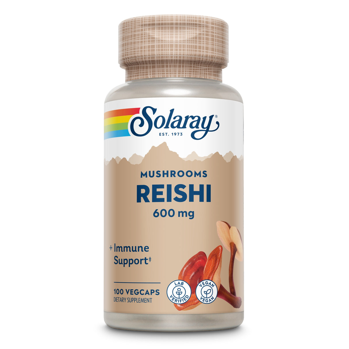 Flasche mit Solaray Reishi Pilzergänzung, 600 mg, 100 Veggiekapseln, unterstützt das Immunsystem, vegan und laborgeprüft.