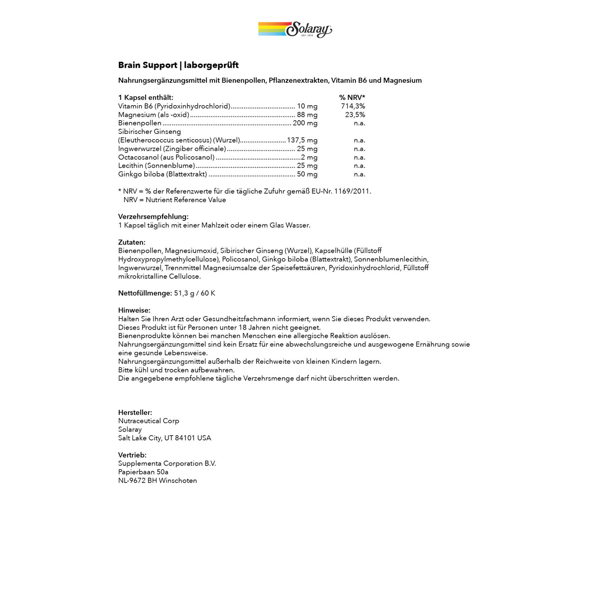 Das Bild zeigt die Rückseite einer Verpackung für ein Nahrungsergänzungsmittel von Solaray. Es enthält eine detaillierte Liste der Inhaltsstoffe und Verzehrempfehlungen. Zu den Inhaltsstoffen gehören Bienenpollen, Sibirischer Ginseng, Magnesium, Vitamin B6 und weitere Pflanzenextrakte. Die Verpackung gibt Hinweise zur Anwendung, Lagerung und Warnungen bezüglich der Einnahme. Herstellerinformationen sind ebenfalls enthalten.