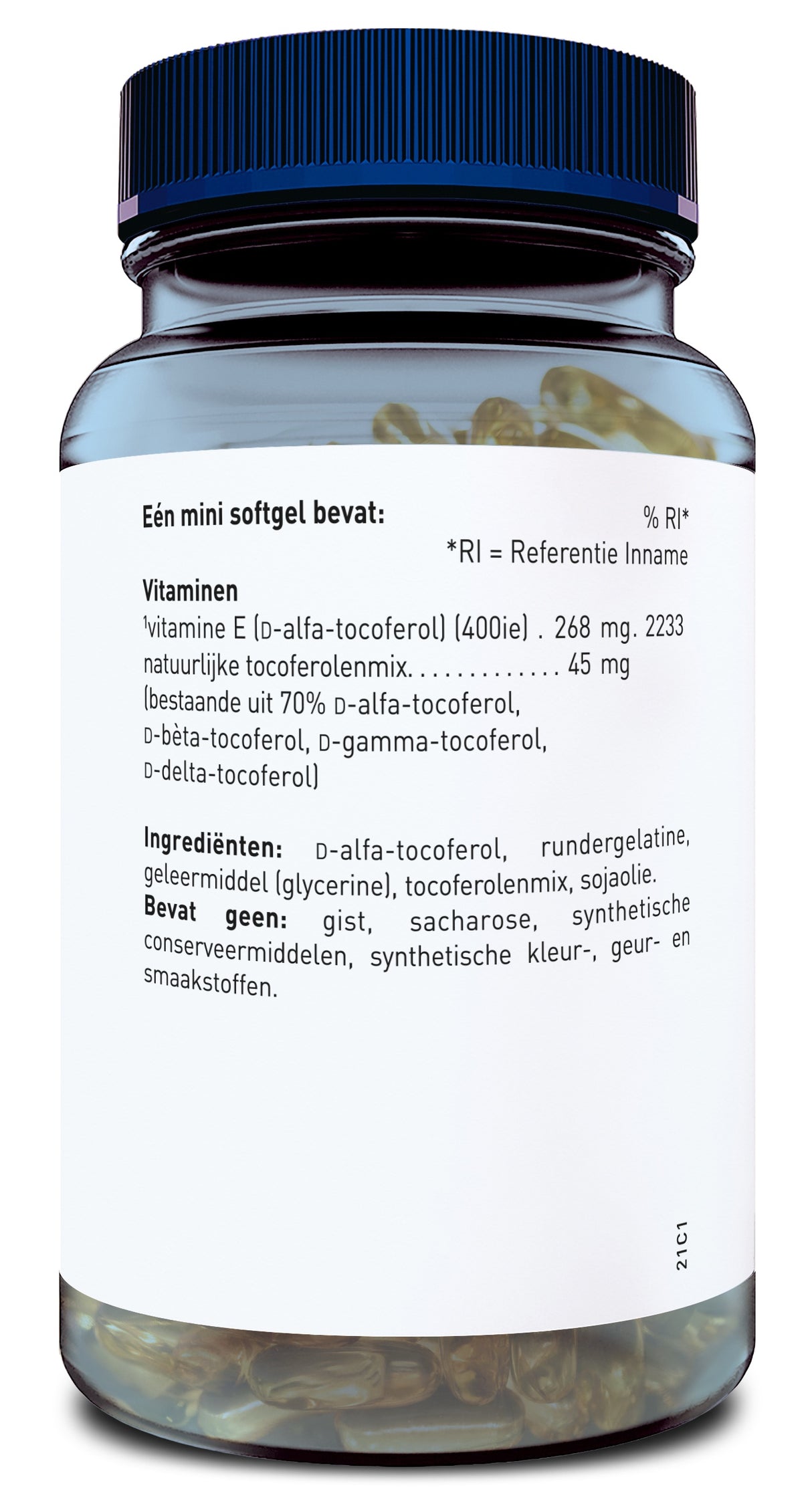 Das Bild zeigt eine transparente Plastikflasche mit blauen Deckel, gefüllt mit gelben Softgel-Kapseln. Auf dem weißen Etikett sind Informationen auf Niederländisch über die Inhaltsstoffe und Nährwerte der Kapseln aufgedruckt. Es wird angegeben, dass die Kapseln Vitamin E und eine Mischung aus Tocopherolen enthalten. Zudem sind die Zutaten und das Fehlen von bestimmten Zusatzstoffen aufgeführt.