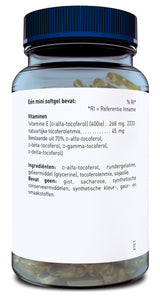 Das Bild zeigt eine transparente Plastikflasche mit blauen Deckel, gefüllt mit gelben Softgel-Kapseln. Auf dem weißen Etikett sind Informationen auf Niederländisch über die Inhaltsstoffe und Nährwerte der Kapseln aufgedruckt. Es wird angegeben, dass die Kapseln Vitamin E und eine Mischung aus Tocopherolen enthalten. Zudem sind die Zutaten und das Fehlen von bestimmten Zusatzstoffen aufgeführt.