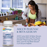 Eine Frau in sportlicher Kleidung schneidet eine Birne in einer modernen Küche. Auf der Arbeitsplatte sind verschiedene Früchte. Im Vordergrund ist eine Verpackung von Solaray AHCC plus NAC & Beta-Glucan zu sehen. Der Text beschreibt die Inhaltsstoffe des Produkts.