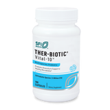 Ein weißes Plastikbehältnis mit der Aufschrift 'SFI Health THER-BIOTIC Vital-10'. Es handelt sich um ein probiotisches Nahrungsergänzungsmittel mit 100 Kapseln. Der Behälter zeigt Informationen über die Anzahl der probiotischen Spezies und die CFU-Anzahl.
