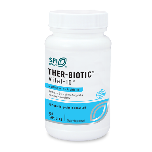 Ein weißes Plastikbehältnis mit der Aufschrift 'SFI Health THER-BIOTIC Vital-10'. Es handelt sich um ein probiotisches Nahrungsergänzungsmittel mit 100 Kapseln. Der Behälter zeigt Informationen über die Anzahl der probiotischen Spezies und die CFU-Anzahl.