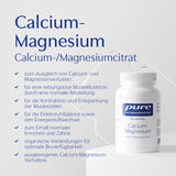 Ein weißes Produktetikett mit der Aufschrift 'Calcium-Magnesium Calcium-/Magnesiumcitrat' auf einem weißen Hintergrund. Daneben eine weiße Flasche des Produkts 'pure encapsulations Calcium-Magnesium'. Aufzählungspunkte listen Vorteile wie den Ausgleich von Calcium- und Magnesiumverlusten, die Unterstützung der Muskelfunktion, Elektrolyt-Balance, Erhalt normaler Knochen und Zähne, organische Verbindungen für Bioverfügbarkeit und ein ausgewogenes Verhältnis auf.
