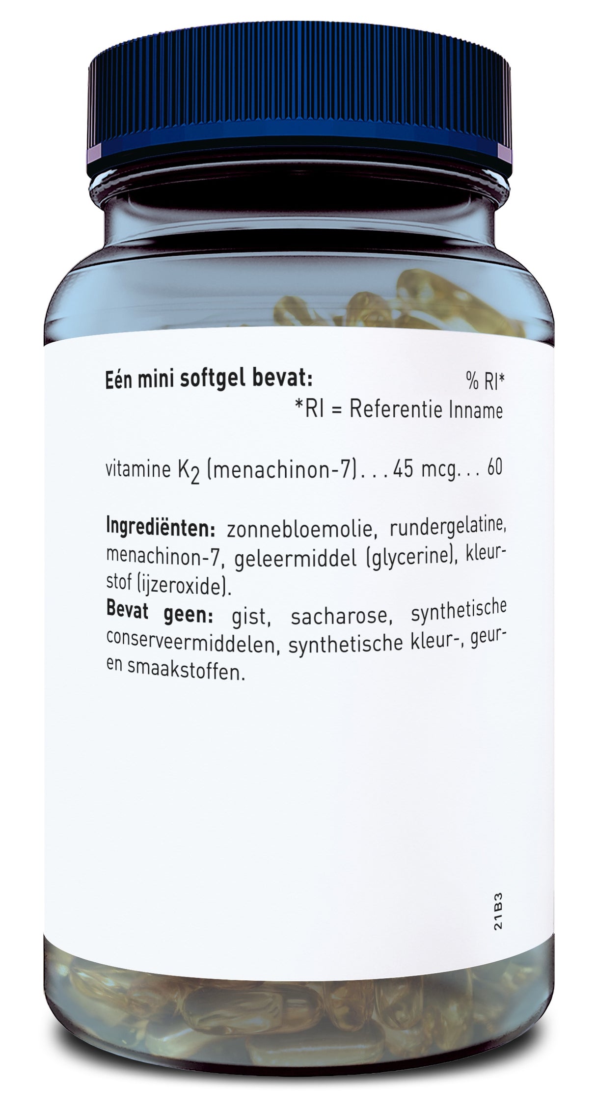 Das Bild zeigt eine Flasche mit einem blauen Deckel, die mit weichen Gelkapseln gefüllt ist. Auf dem Etikett steht in niederländischer Sprache, dass jede Kapsel Vitamin K2 (Menachinon-7) enthält. Weitere Zutaten sind Sonnenblumenöl, Rindergelatine, Menachinon-7, Geliermittel (Glycerin) und Farbstoff (Eisenoxide). Es wird darauf hingewiesen, dass das Produkt keine Hefe, Saccharose, synthetische Konservierungsmittel, künstliche Farb-, Duft- und Geschmacksstoffe enthält.