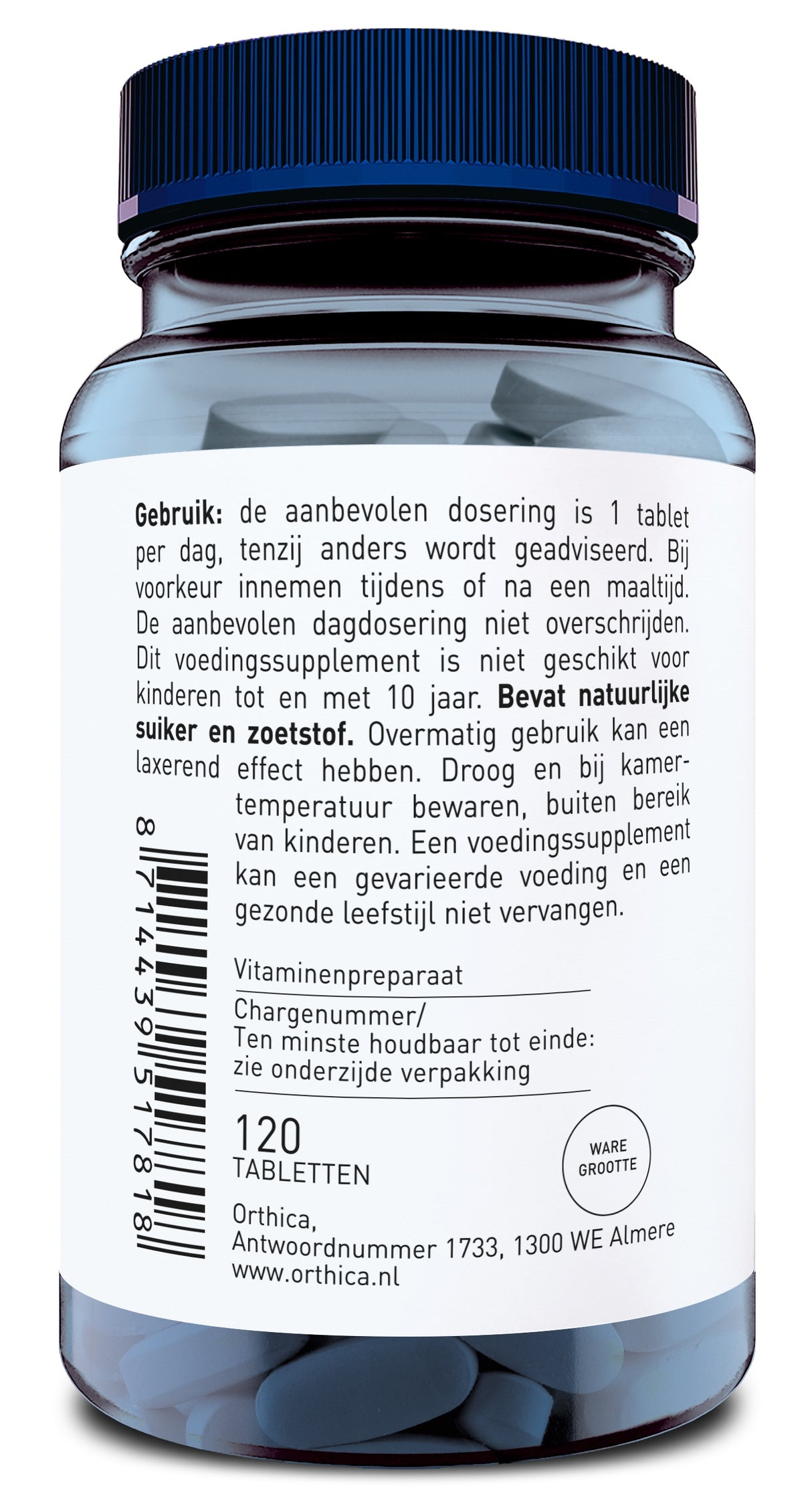 Eine blaue Plastikflasche mit einem Etikett, auf dem niederländische Anweisungen zur Einnahme eines Nahrungsergänzungsmittels stehen. Die Flasche enthält 120 Tabletten und ist von der Marke Orthica. Auf dem Etikett sind auch ein Barcode und Herstellerinformationen abgebildet.