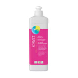 Eine weiße Flasche Sonett Allesreiniger mit pinkem Etikett und farbigem Logo. Text auf dem Etikett beschreibt die Eigenschaften des Reinigers, wie biologisch abbaubar und pflanzliche Tenside. Die Flasche steht auf einem weißen Hintergrund.