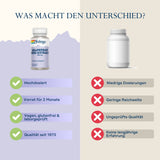Vergleich zweier Nahrungsergänzungsmittel: Links Solaray Grapefruitkernextrakt mit Vorteilen wie hohe Dosierung, 2 Monate Vorrat, vegan, Qualität seit 1973. Rechts anonymes Produkt mit Nachteilen wie niedrige Dosierung, geringe Reichweite, ungeprüfte Qualität, keine Erfahrung.